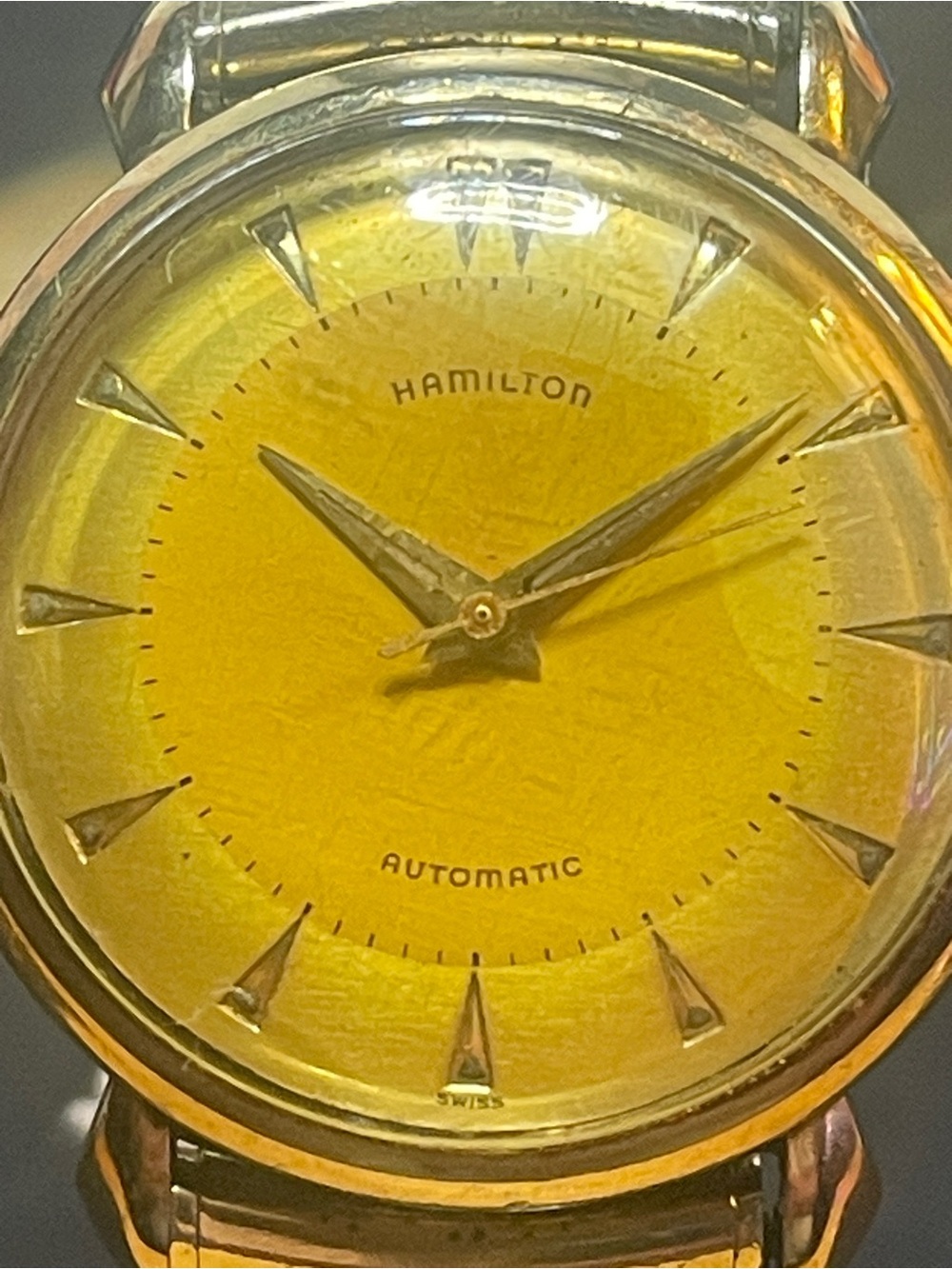 Hamilton Gold-Tone Watch with Yellow Sunburst Dial